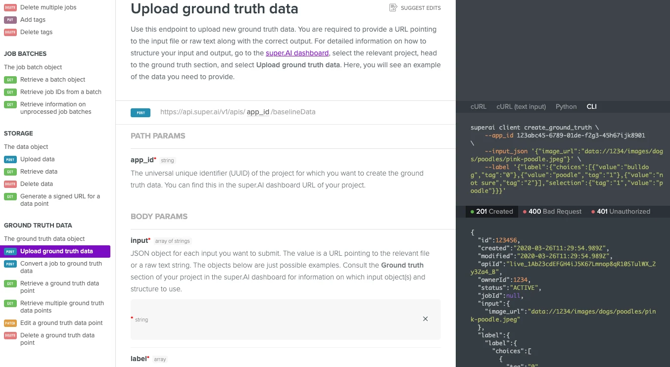 The API reference page for the Upload ground truth data endpoint, with parameters and example requests and responses