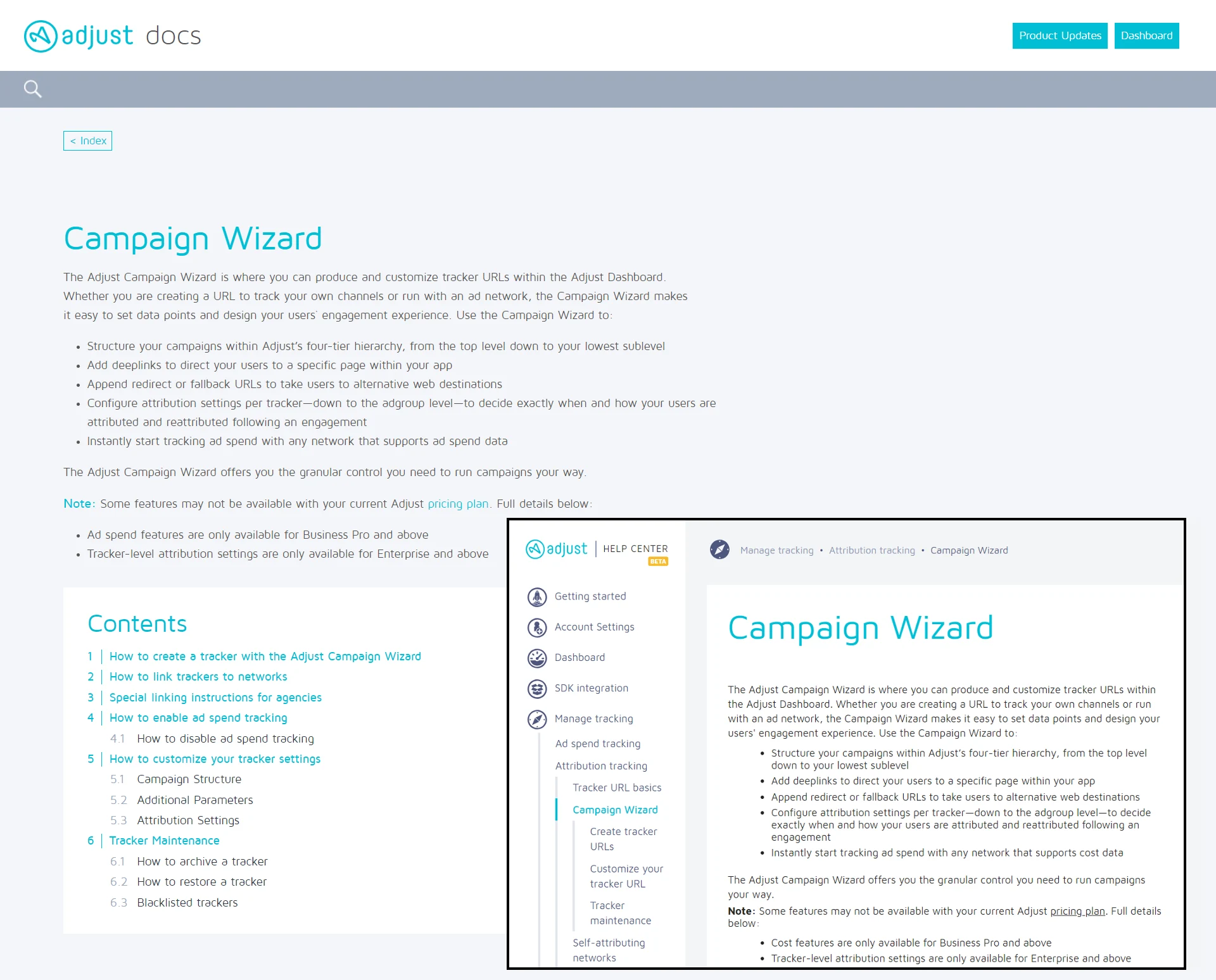The old and new (inlay) pages for the Adjust Campaign Wizard feature