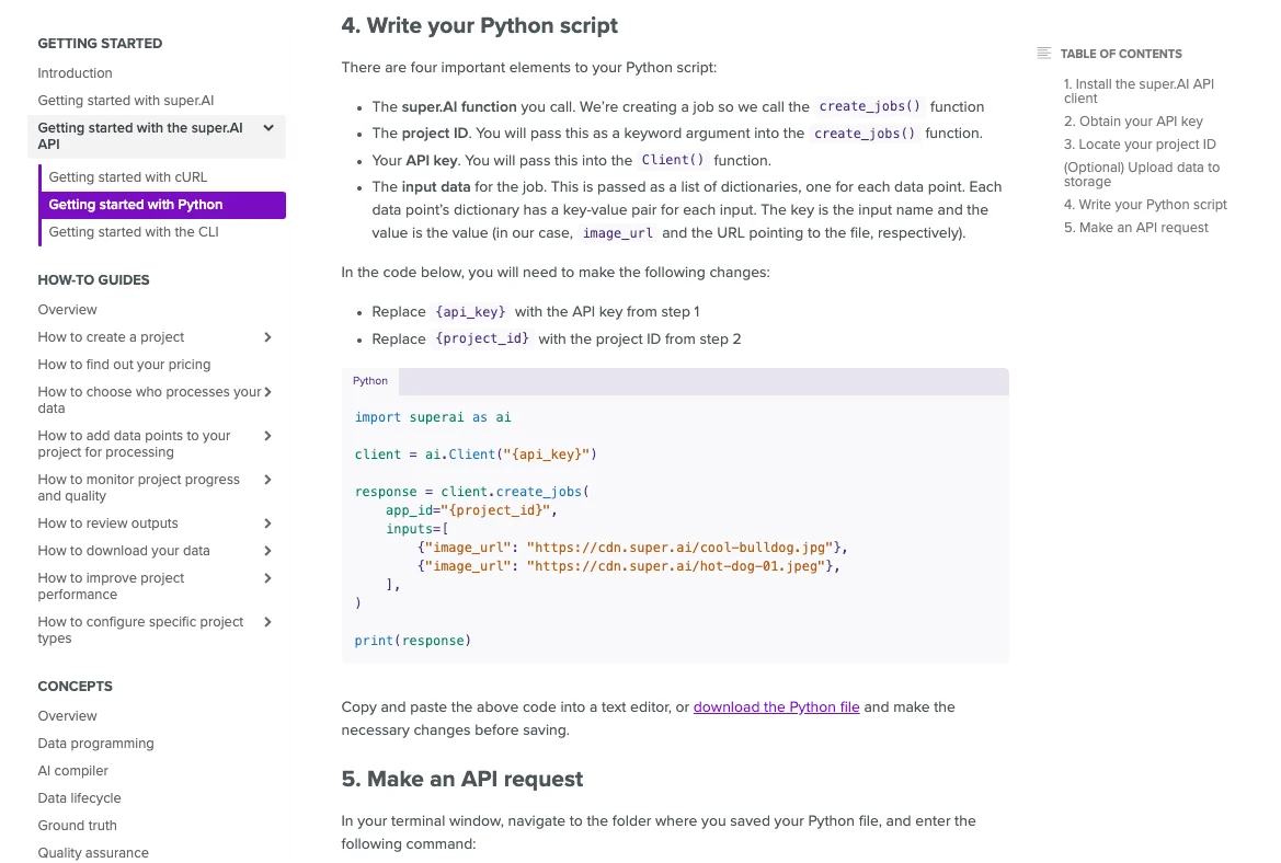 The Getting started with Python guide, showing a numbered step with a Python code sample