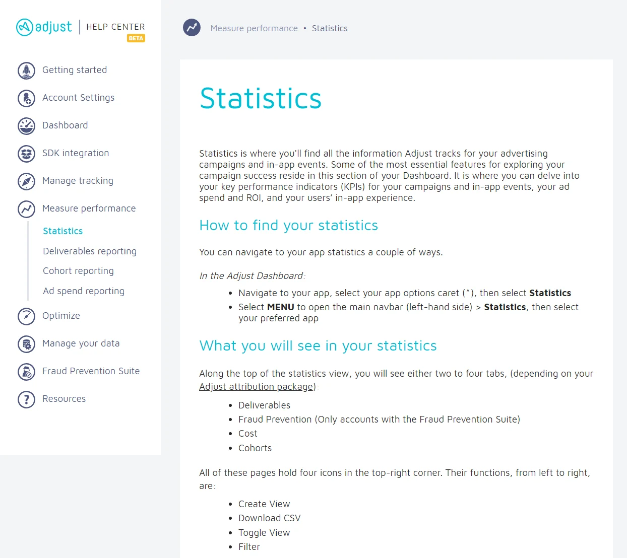 The first page of the new “Measure performance” section of the Help Center, which guides users through the Adjust Dashboard